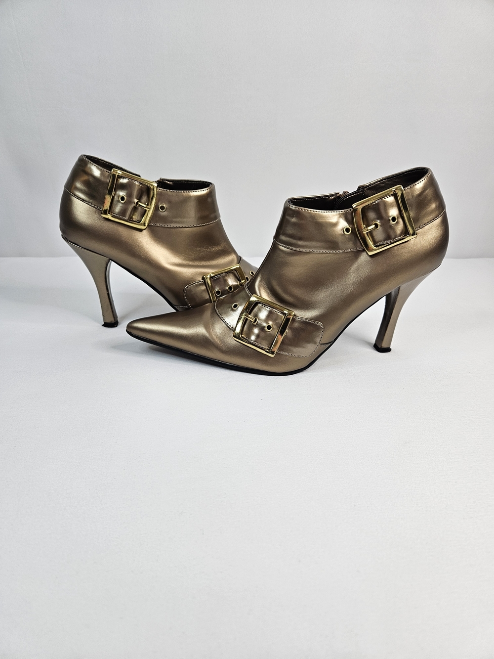 Gold Pointed Toe Buckle Heeled Ankle Boots
